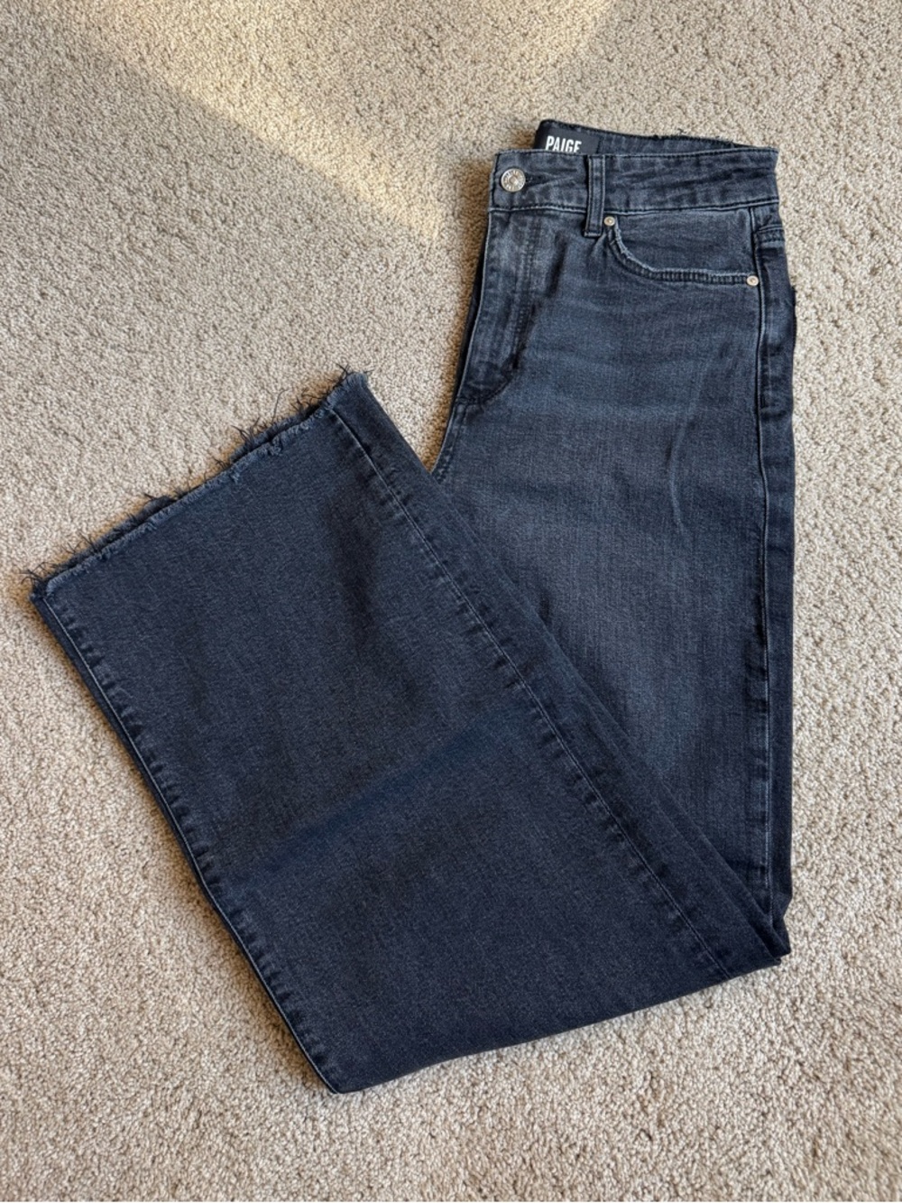 PAIGE Washed Black Raw Hem Wide-Leg Jeans